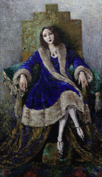 A painted portrait of Anaïs Nin, seated in a blue gown with a fur collar